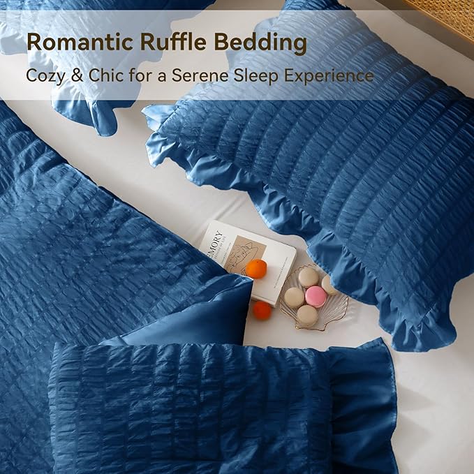 JOLLYVOGUE Teal Twin Size Comforter Set, 2 Pieces Seersucker Lightweight Fluffy Bedding Set, Twin Ruffle Comforter, All Season Soft Microfiber Shabby Chic Bed Set