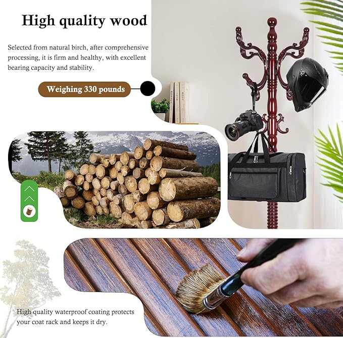 Coat Rack Stand, Solid Wooden Coat Tree with 14 Hooks, Heavy Duty Coat Rack Freestanding with Sturdy Round Base, Natural Birch Wood Coat Hanger Stand for Entryway Bedroom (Rosewood)