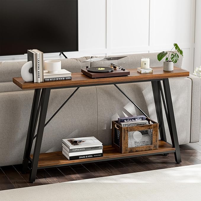 GAZHOME Console Table with Storage Shelf - Industrial Style Sofa Table Behind Couch for Living Room & Entryway, Rustic Brown,53.1 Inch