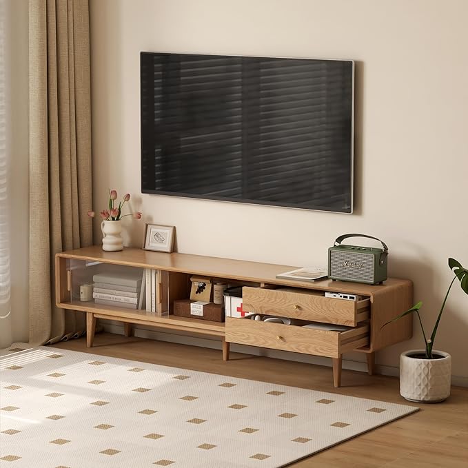 70.87" L Solid Oak Wood TV Stand for 65-80 Inch TVs, Glass Sliding Door TV Console with 3 Drawers and 2 Cabinets, Entertainment Center with Storage Cabinets TV Stands for Living Room (Log Color)