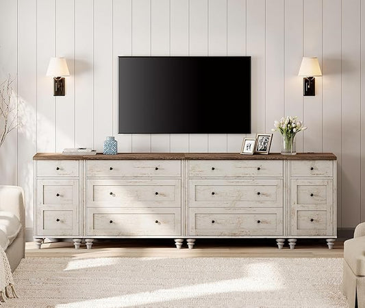 WAMPAT Farmhouse TV Stand for 100 Inch TV, 3-in-1 TV Console Table with 8 Drawers and 2 Storages, Entertainment Center, Nightstands with Charging Station for Living Room, Rustic White