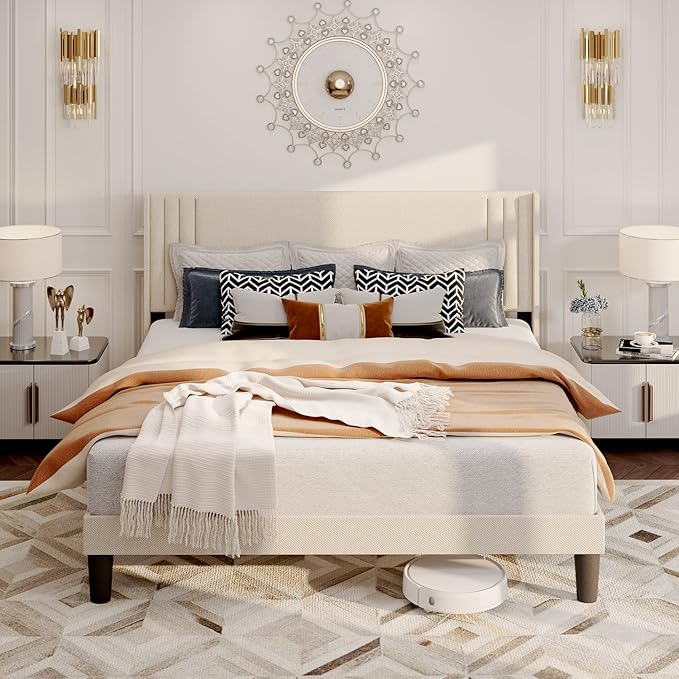 Gizoon Full Bed Frame with Wingback Headboard, Upholstered Platform Bed with Modern Geometric Headboard, Wooden Slats, Noise-Free, No Box Spring Needed