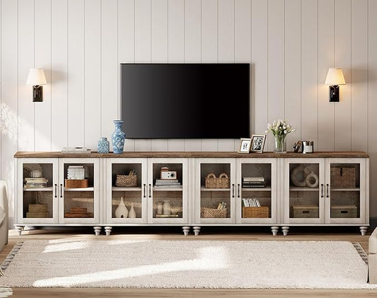 WAMPAT Farmhouse TV Stand for 100 Inch TV, Glass Door Universal TV Stand with 4 Storage Cabinets, Entertainment Center for 75/80/85/90 Inch TV, Console Table for Living Room, Bedroom, Rustic White