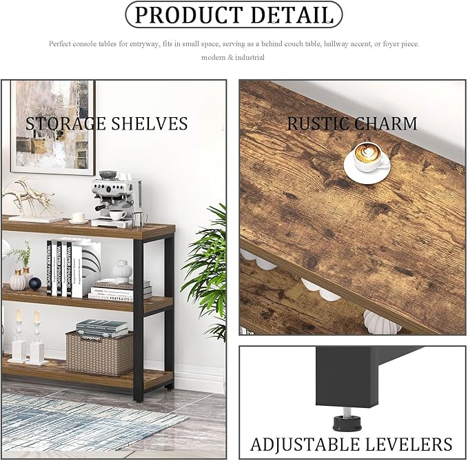 EXCEFUR Industrial Sofa Console Table, Entryway Table with 3 Tier Wood Storage Shelves, Foyer Table for Living Room Hallway Behind Couch, Rustic Brown