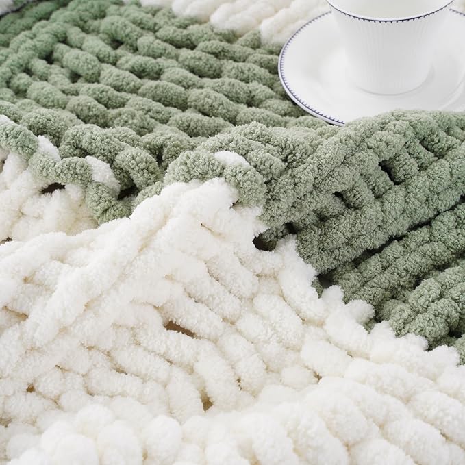 Battilo Chunky Knit Throw Blanket, Soft and Thick Chenille Throw Blanket, 50"x60" Handmade Cable Knit Crochet Blanket, Large Rope Knot Throw Blankets for Couch Sofa Bed Home Decor, Sage & White