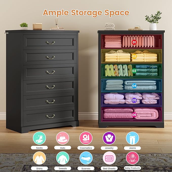 DICTAC Farmhouse 6 Drawers Dresser for Bedroom,51.2" Tall Rustic Wood Chest of Drawers,Large Storage Chest with Vintage Metal Handles, White Dresser for Bedroom,Closet,Hallway,Black