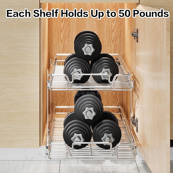 2-Tier Kitchen Cabinet Pull Out Shelf and Drawer Organizer Slide Out Pantry Storaqe Basket in Multiple Sizes (16" W x 21" D)