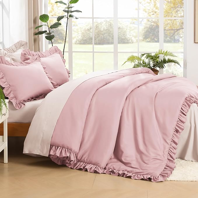 Litanika Grayish Pink Queen Comforter Set, 3 Pieces Ruffle Farmhouse Aesthetic Bedding Comforter Set, All Season Soft Lightweight Fluffy Microfiber Bed Set(90x90In Comforter, 2 Pillowcases)