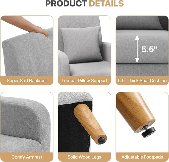 Magshion Mid-Century Accent Chair for Living Room, Comfy Reading Chair for Bedroom, Upholstered Linen Fabric Armchair Single Sofa with Back Pillow & Wood Legs, 300 lbs Capacity, Gray