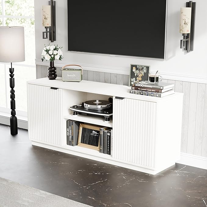 60'' Fluted TV Stand, Console Table, Mid Century Modern Curved TV Stands with Water Wave Shaped Door, Entertainment Center with Metal Handle, Living Room (Antique White Wood Grain)