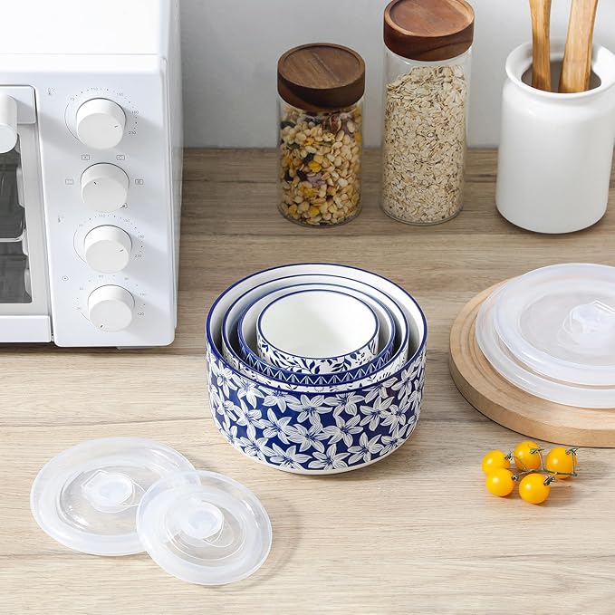 vancasso Ceramic Mixing Bowls with Lids Set of 4,Ceramic Serving Bowls,Nesting Bowls for Food Storage,Prep Bowl,Mixing Bowl for Kitchen,Microwave & Dishwasher Safe,Series SELENE,60+36+20+10 Oz