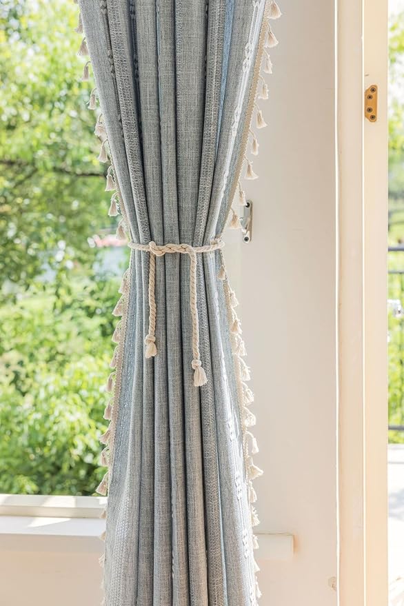 Boho Embroidery Striped Farmhouse Curtains - 84 Inch Long, 2 Panel Set, Blue Linen, Tassel, Semi-Blackout for Bedroom & Living Room (52" W x 84" L)