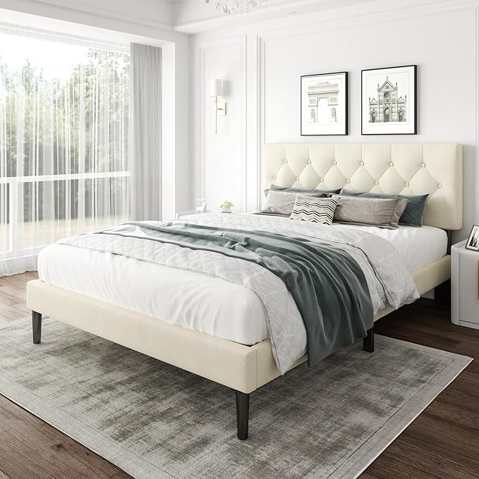 Full Size Platform Bed Frame with Upholstered Headboard, Button Tufted Design, Strong Wooden Slats, No Box Spring Needed, Easy Assembly, Noise Free