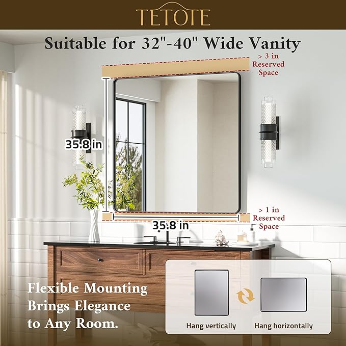 TETOTE 36 x 36 Black Mirror for Bathroom Matte Black Metal Frame Mirror, Tempered Glass, Wall Mounted for Bathroom, Entryway, Bedroom, Living Room(Horizontal/Vertical)