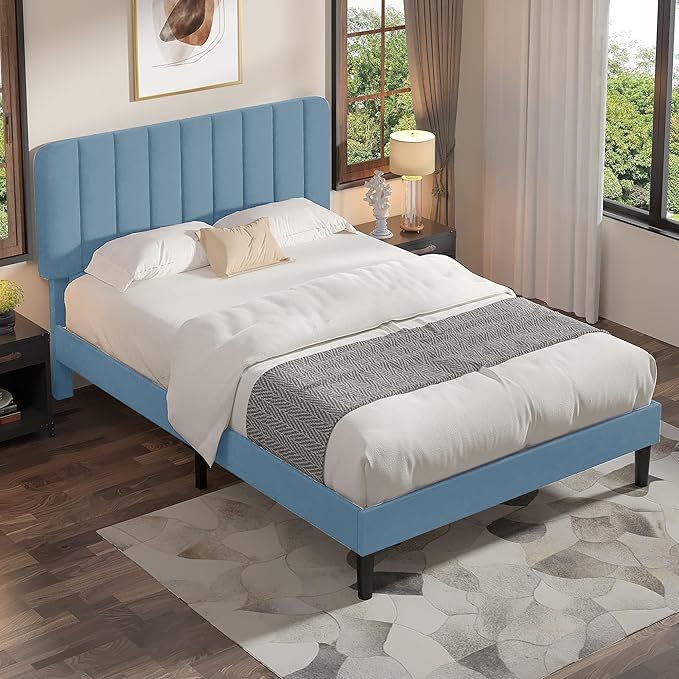 VECELO Full Size Bed Frame with Upholstered Headboard, Velvet Platform Bedframe Mattress Foundation, Strong Wood Slat Support, No Box Spring Needed,Sky Blue
