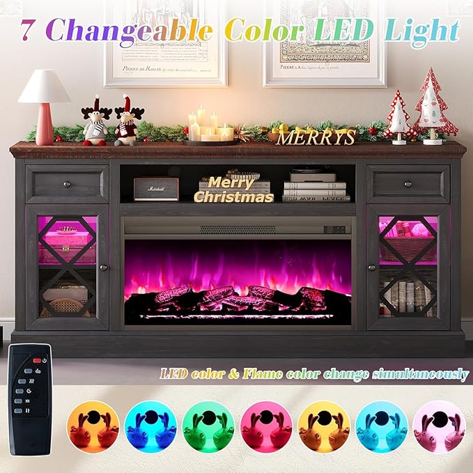 AMERLIFE Farmhouse Fireplace TV Stand with 37" Fireplace, 70" Large LED Media Entertainment Center for 80" TVs, 31" Tall Highboy TV Console Cabinet with Diamond Door for Living Room, Espresso+Gray