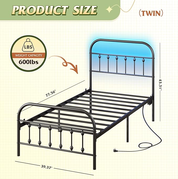 WLIVE Twin Bed Frames with Storage, Twin Bed Frame with LED Lights and Charging Station, Metal Platform Bed Frame with Headboard, Black