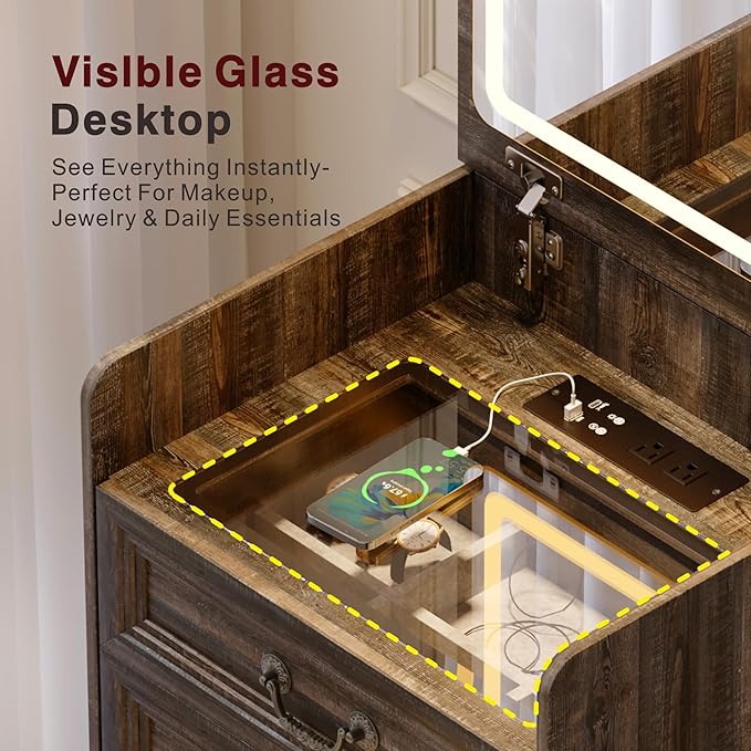 Lvifur 3 in 1 Vanity Desk with Flip Top Mirror and 3 Color Lights,Small Compact Vanity with Charging Station,Glass Top Makeup Vanity with 3 Drawers,Rolling Cushioned Stool