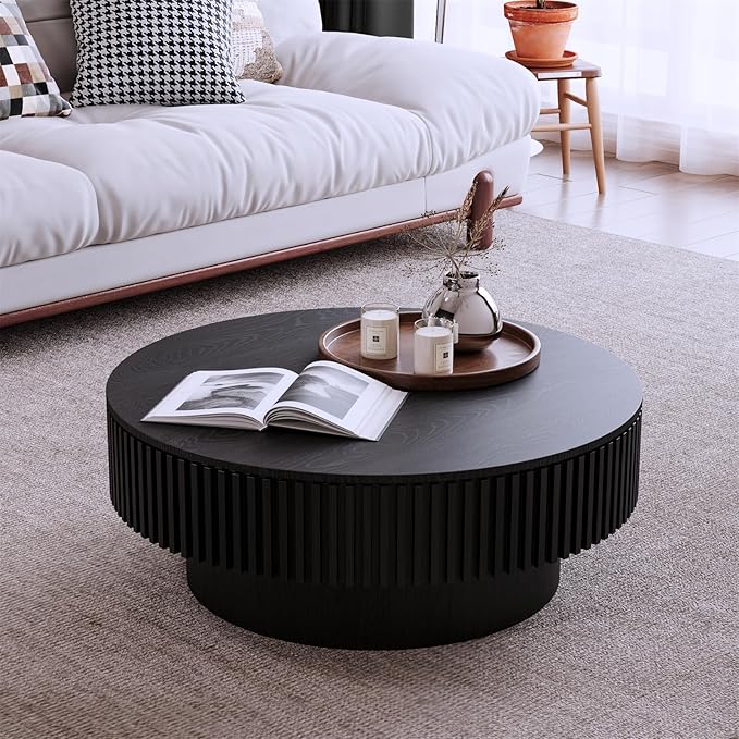 Round Coffee Table for Living Room,Fluted Drum Accent Tea Center Table with Storage,Circle Modern Coffee Tables for Small Space Office Apartment (31.5" L×31.5''W×14''H-Black)
