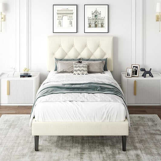 Twin Size Platform Bed Frame with Upholstered Headboard, Button Tufted Design, No Box Spring Needed, Easy Assembly, Noise Free