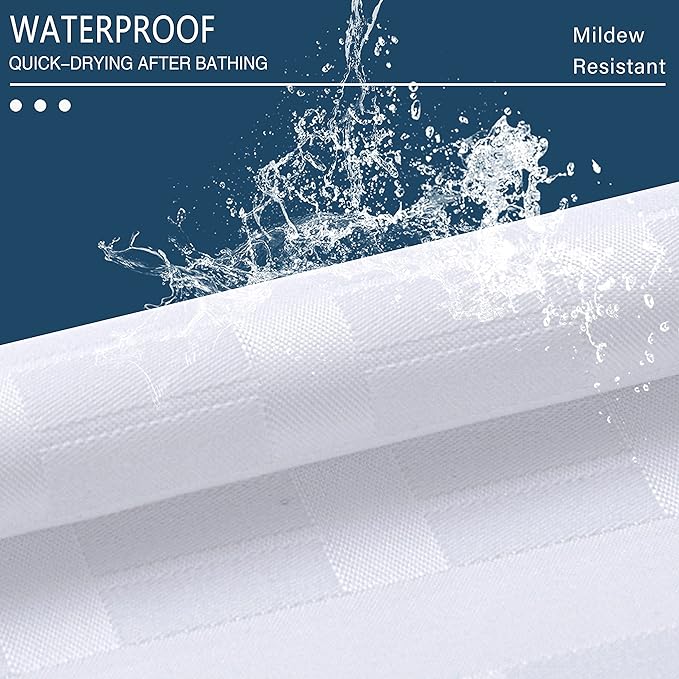 Extra Long No Hook Shower Curtain with Snap in Liner Set, Hotel Luxury White Fabric Shower Curtains for Bathroom with See Through Top Window, Washable, Waterproof 71W x 84H