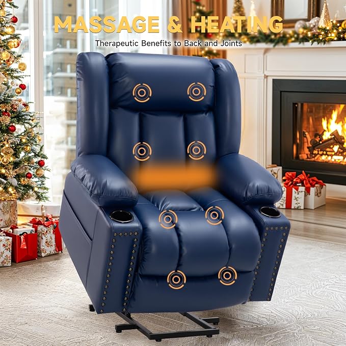 Large Power Lift Chair Recliner for Elderly with Heated and Massage, Overstuffed Adjustable Lift Chair, 3 Position, Breathable Leather, USB-A&USB-C, Cup Holder (Small-7523, Blue)