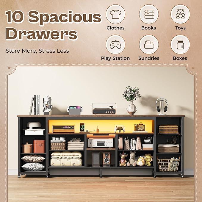 Huuger 63 Inch LED TV Stand Dresser with Power Outlets, USB-C Port and LED Lights, 10 Fabric Drawer Dresser for Bedroom, Long Entertainment Center for 65, 70 Inch TV, Open Shelves, Rustic Brown