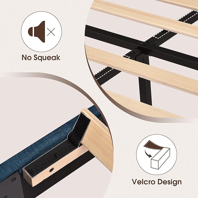 WEEWAY Full Size Bed Frame Platform Bed with Linen Fabric Upholstered Headboard and Wooden Slats Support, Heavy Duty Mattress Foundation, No Box Spring Needed, Easy Assembly, Navy Blue