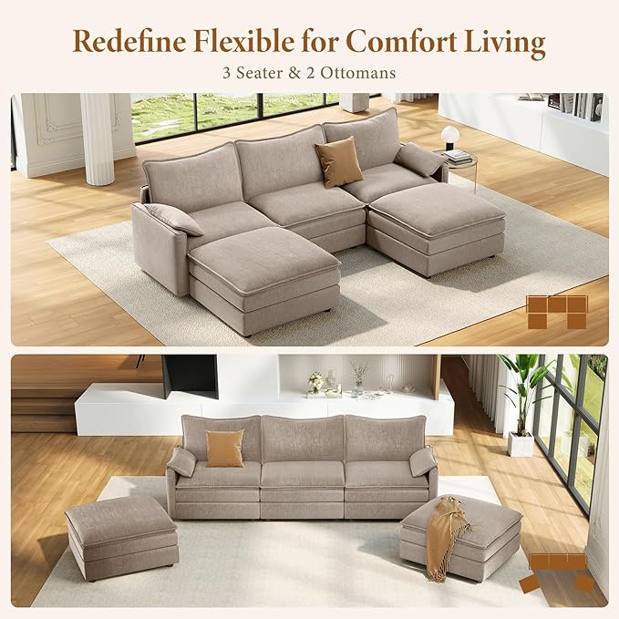Vesgantti 108" U Shaped Sectional Couch, Comfy Cloud Modular Sectional Sofa with 2 Ottoman Deep Seat Chenille Modern Cloud Sofa, Modular Sofas for Living Room, Bedroom and Apartment, Light Brown