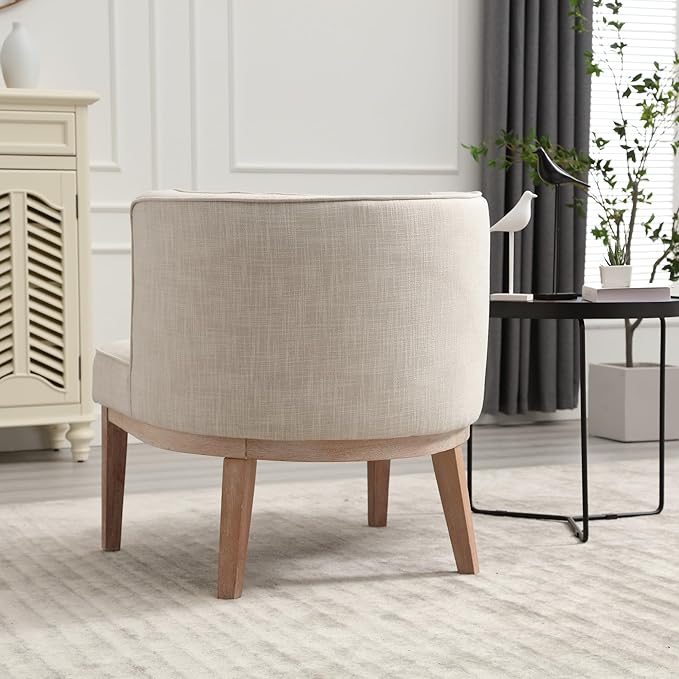 Set of 2 Arm Accent Chair Barrel Accent Chair with Wood Legs, Comfy Barrel Side Chair Linen Upholstered Reading Chairs with Back for Living Room Bedroom, Living Room Chair, Beige