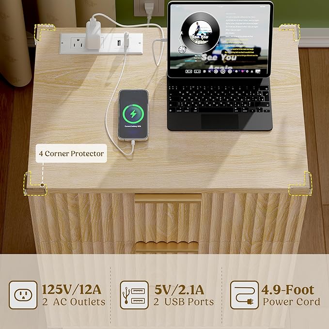 Lulive Wood Night Stand Set 2 Fluted Dresser for Bedroom 3 Drawers End Tables Living Room Nightstand with Charging Station, Storage Modern Side Table Natural