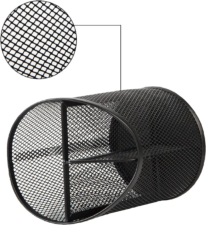 2 Pack Pen Holder Mesh Round Pencil Holder Desktop Organizer 3 Compartments, Black