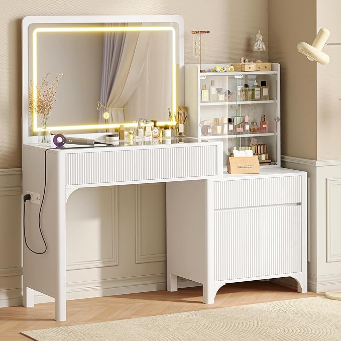 PRAISUN 55'' Large Makeup Vanity Desk with 35.4'' LED Mirror & Power Outlets, Painted Surface White Vanity with Glass Top, 3 Drawers and Cabinet, Fluted Big Dressing Vanity Table