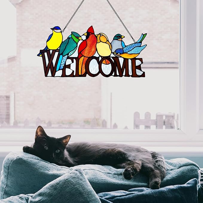 6 Birds Stained Glass Welcome Sign for Front Door Window Hanging Suncatcher, Handmade Tiffany Style Outdoor Welcome Signs Decor Gifts for Mom, Women, Bird Lovers, Bless This Home