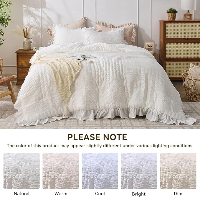 JOLLYVOGUE White King Comforter Set, 3 Pieces Seersucker Comforters King Size, Lightweight & Fluffy Bedding Sets King for All Season with 1 Ruffle Comforter and 2 Ruffle Pillowshams