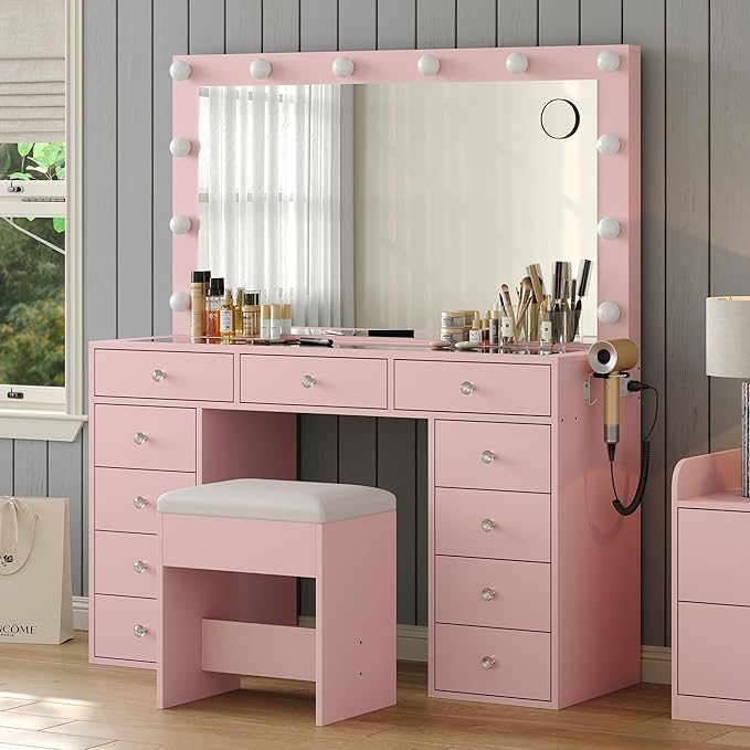 11 Drawers Vanity Desk, Makeup Vanity with Power Outlet, Glass Top, Vanity with Mirror and Light, 3 Color Option, Brightness Adjustable, Dressing Table for Bedroom