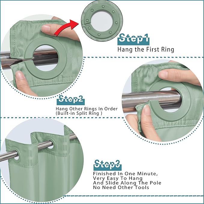 Conbo Mio Extra Wide No Hook Sage Green Shower Curtain with Snap in Liner Set, 108" x 74" Hotel Luxury Shower Curtains for Bathroom with See Through Top Window, Waterproof, Washable 108W x 74H