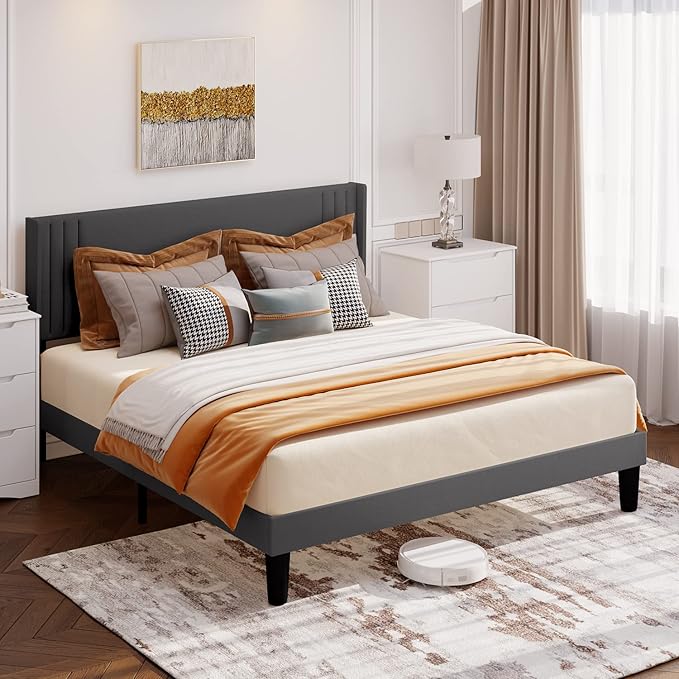 Gizoon Full Bed Frame with Wingback Headboard, Upholstered Platform Bed with Modern Geometric Headboard, Wooden Slats, Noise-Free, No Box Spring Needed