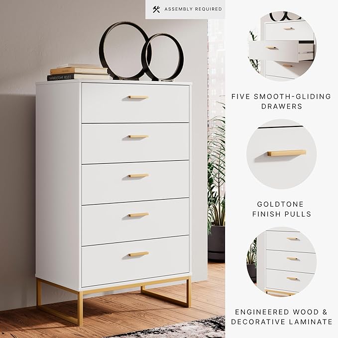 Signature Design by Ashley Socalle Modern 5-Drawer Chest of Drawers with Safety Stop, White & Metallic