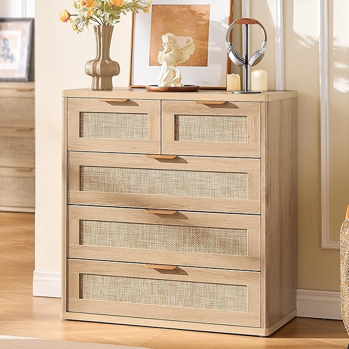 LEYAOYAO Rattan Dresser for Bedroom Set of 2, 33.5" Tall Chest of Drawers, Modern 5 Drawers Boho Dressers with Storage, Light Oak Dresser Wooden Closet Organizer for Living Room, Hallway, Natural Wood