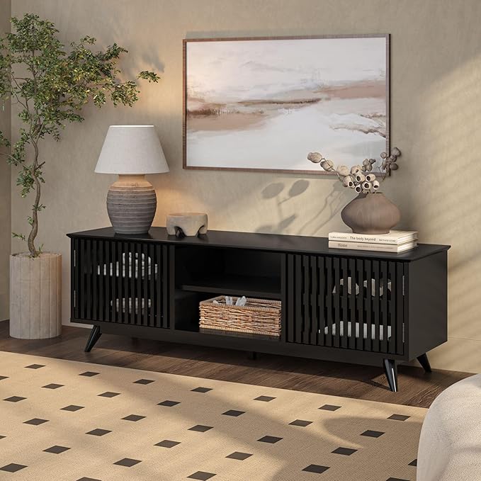 Plank+Beam Mid-Century Modern Wood TV Stand, Solid Wood Entertainment Console with Storage, 59" L x 16" W x 19" H, Black