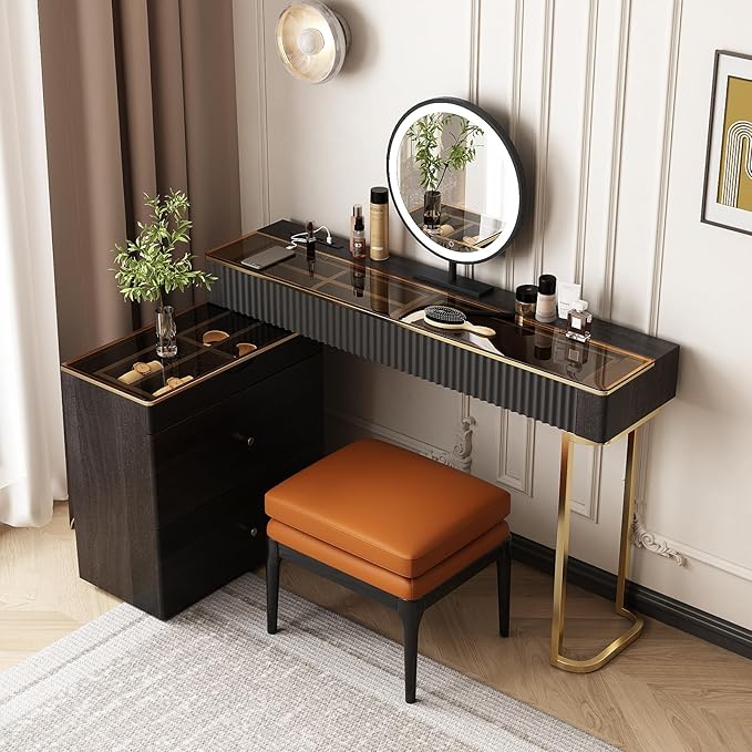 Lartis Makeup Vanity with Stool, Very Easy to Assemble,Retractable TV Cabinet Combination, Dressing Table Desk in one, Super Storage
