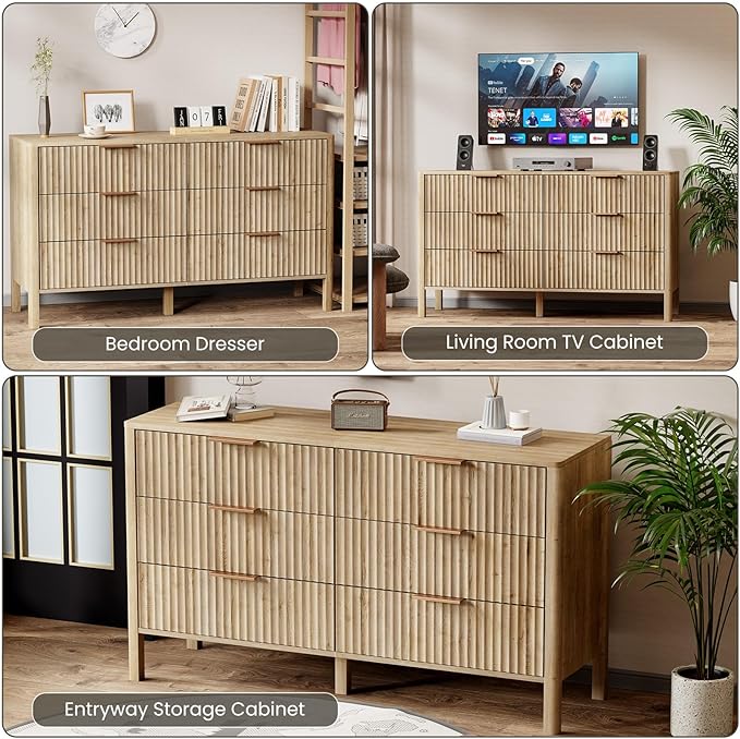 55" Wide Fluted 6 Drawer Dresser for Bedroom, Wooden Dresser Modern Chest of Drawers TV Stand Dressers with Organizer Storage for Bedroom, Living Room, Entryway, Oak