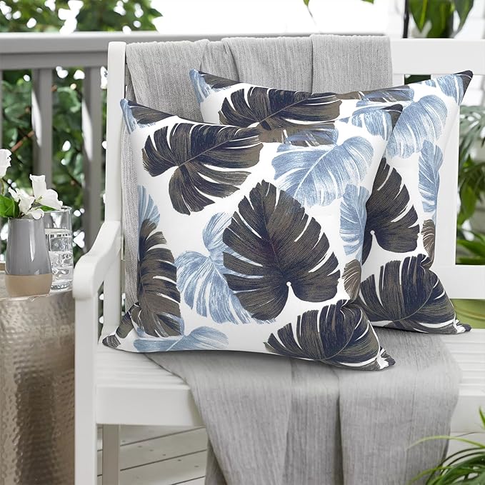Pack of 2 Patio Throw Pillow Covers ONLY, Water Repellent Cushion Cases 20x20 Inch, Square Pillowcases for Outdoor Couch Decoration, Monstera Blue