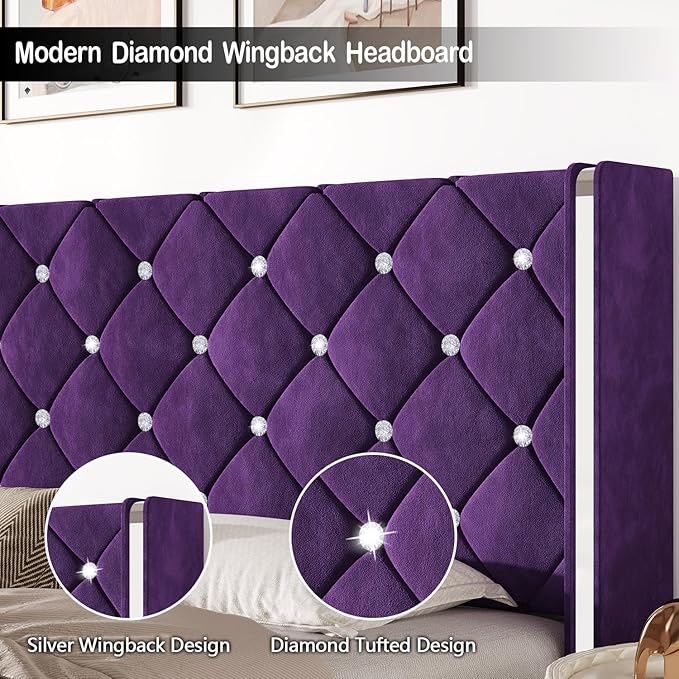 HOMBCK Full Bed Frame with Headboard and Footboard, Velvet Upholstered Bed with Diamond Tufted Design, Bed Frame Full Size with Wingback, No Box Spring Needed, Easy Assembly, Purple