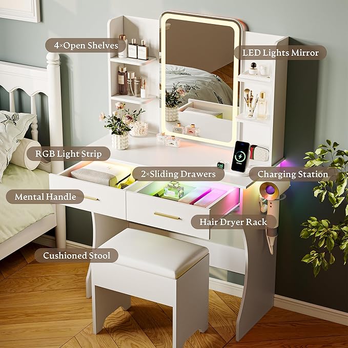 White Makeup Vanity Desk with Mirror and Lights, Small Vanity Table Set with Power Outlet, Dressing Table with 2 Drawer & 4 Storage Shelves, Adjustable RGB Lighting, Includes Chair for Girl’s Bedroom