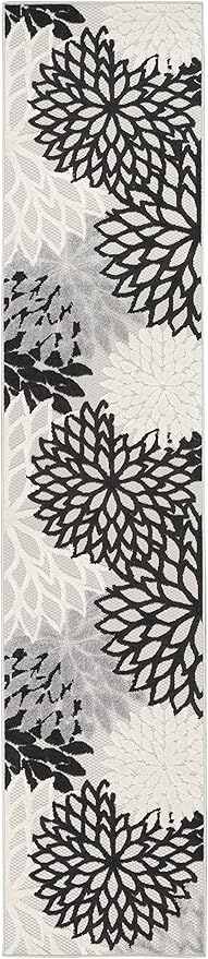 Nourison Aloha Indoor/Outdoor Black White 2'3" x 10' Area Rug, Tropical, Botanical, Easy Cleaning, Non Shedding, Bed Room, Living Room, Dining Room, Deck, Backyard, Patio (2x10)