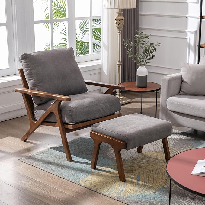 Wahson Set of 2 Mid Century Arm Chairs and Ottomans, Upholstered Accent Armchair with Wood Frame and Canvas Cushions, Leisure Slipper Chair for Living Room/Bedroom, Grey
