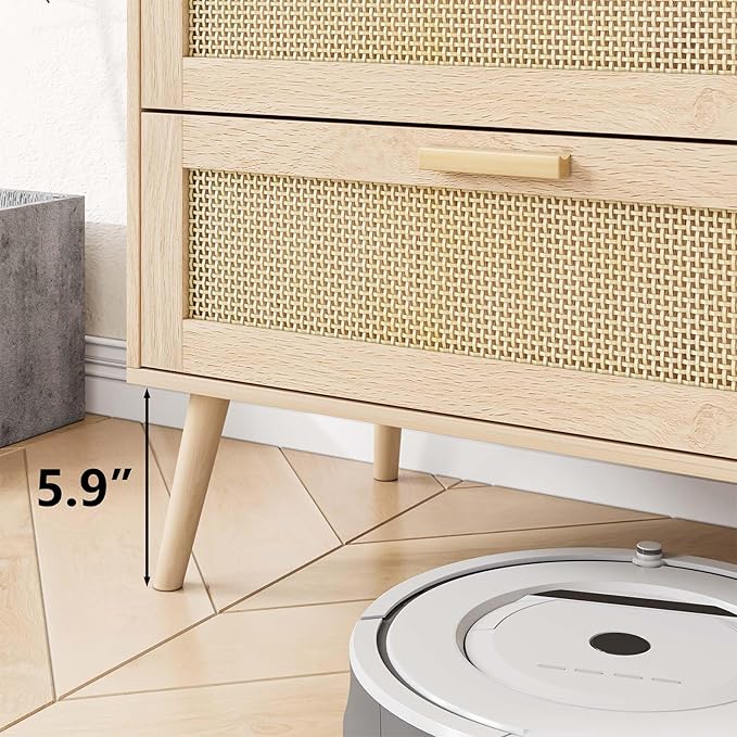 Rattan Dresser for Bedroom, Modern 6 Drawer Double Dresser with Gold Handles, 47" Wide Mid Century Modern Chest of Drawers with Sliding Drawers for Bedroom, Living Room or Hallway (Natural)