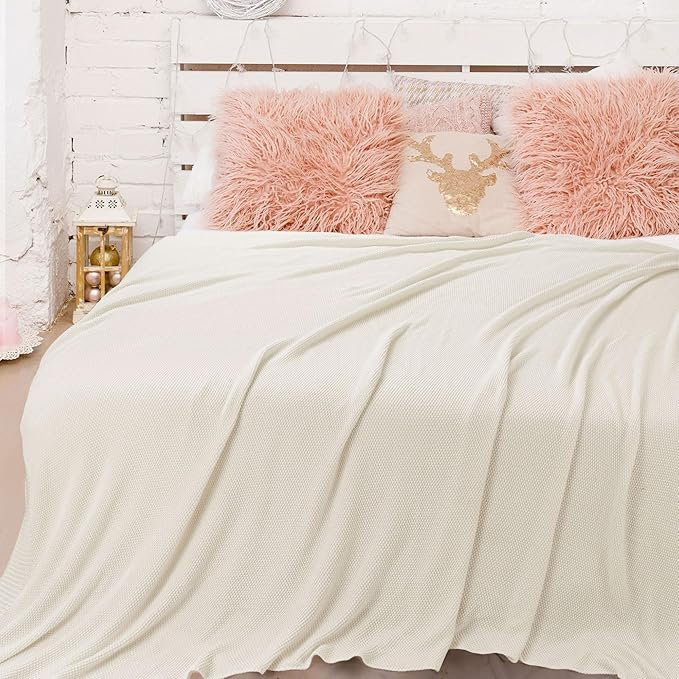 PiccoCasa 100% Cotton Knit Blanket Full Size,Solid Lightweight Decorative Throws and Blankets,Soft Knitted Throw Blanket for Sofa Couch, Beige 70" x 78"